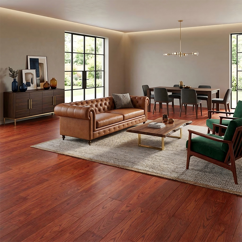 Pisos de madera maciza de alto brillo en color marrón rojizo