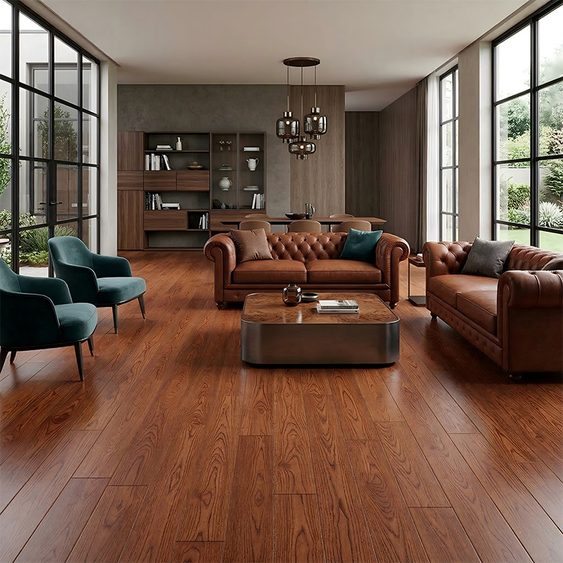 Pisos de madera maciza vintage de alto brillo marrón oscuro de roble