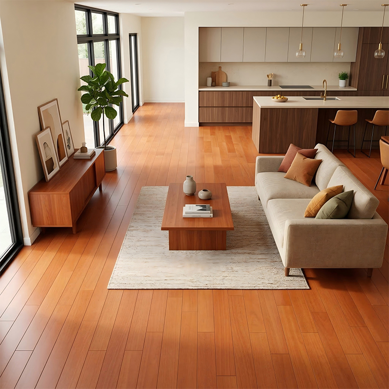 Pisos de madera maciza de color marrón claro con alto brillo y teca dorada