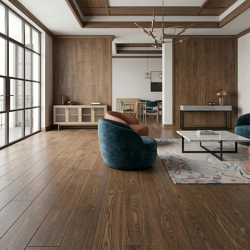 Pisos de madera maciza lacados con rayos UV en color marrón oscuro de roble blanco