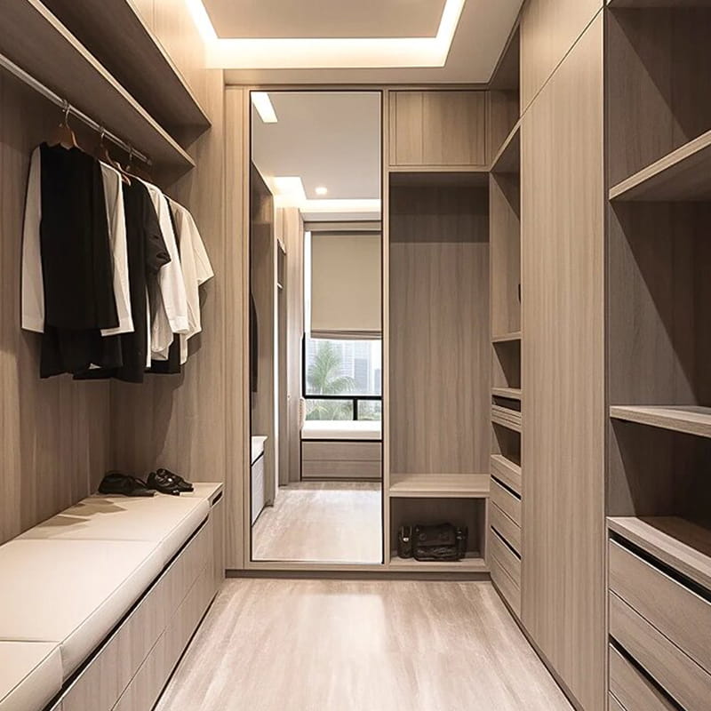 Vestidor abierto de madera natural iluminado Copenhague
